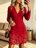 Women's 3D Rose Hem V-Neck Mini Dress