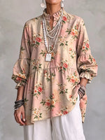 Retro Floral Art Pattern Print Ruffle Casual Stylish Cotton Linen Shirt
