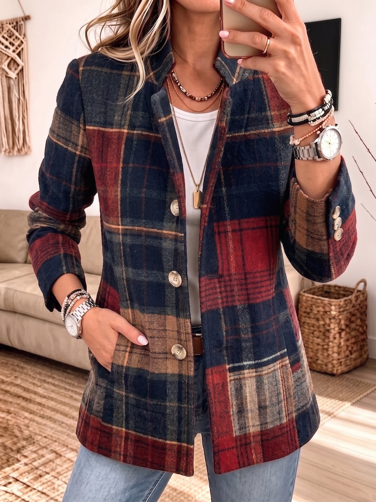 Women Plaid Blazer Notched Lapel Button Down Wool‑Blend Casual Jacket With Pockets