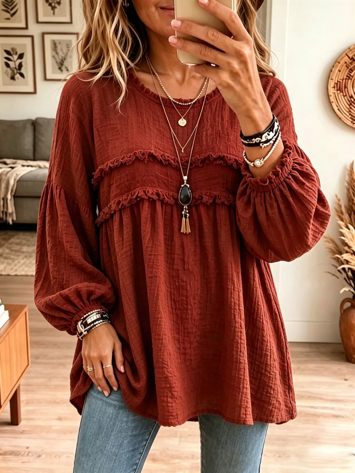 Women's Textured Crinkle Ruffle Babydoll Tunic Blouse