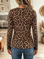 Women's Leopard Studded Cold-Shoulder Long-Sleeve Top