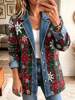 Women Lapel Button Christmas Snowflake Plaid Denim Spliced Blazer Jacket Outerwear