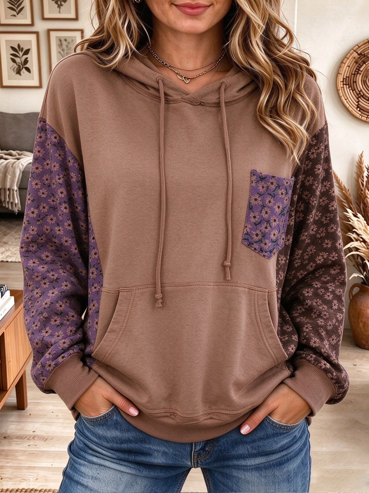 Women's Brown Colorblock Hoodie with Floral Print Pocket and Sleeves