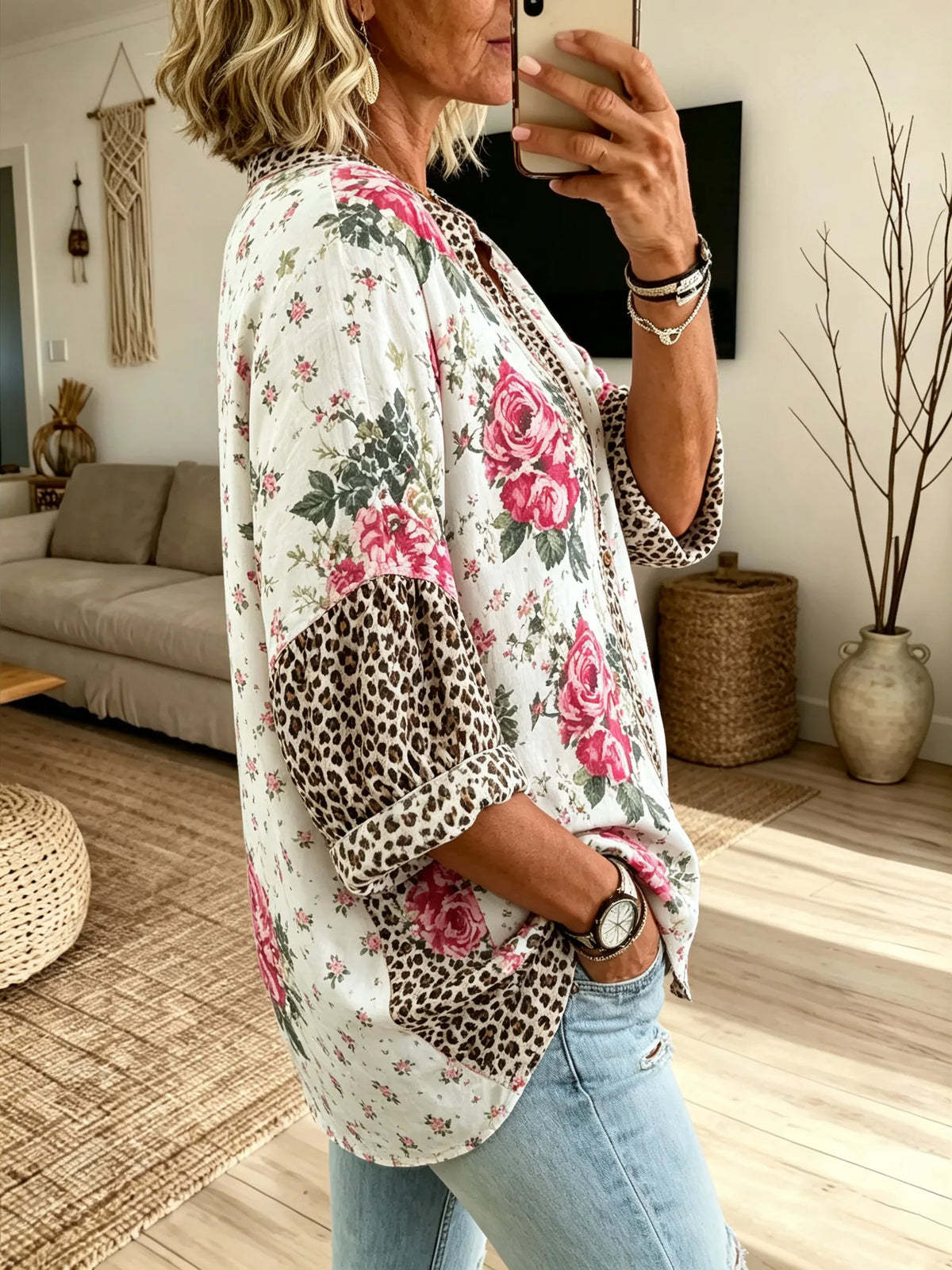 Women's Floral Leopard Patchwork V-Neck Long Sleeve Shirt