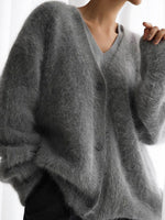 V‑Neck Fuzzy Shaggy Knit Button Front Long Sleeve Cardigan
