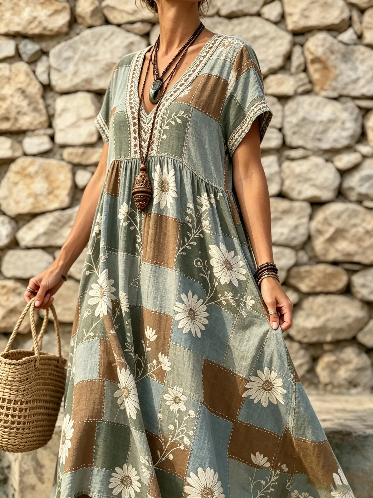 Women's Patchwork Daisy Print Maxi Dress