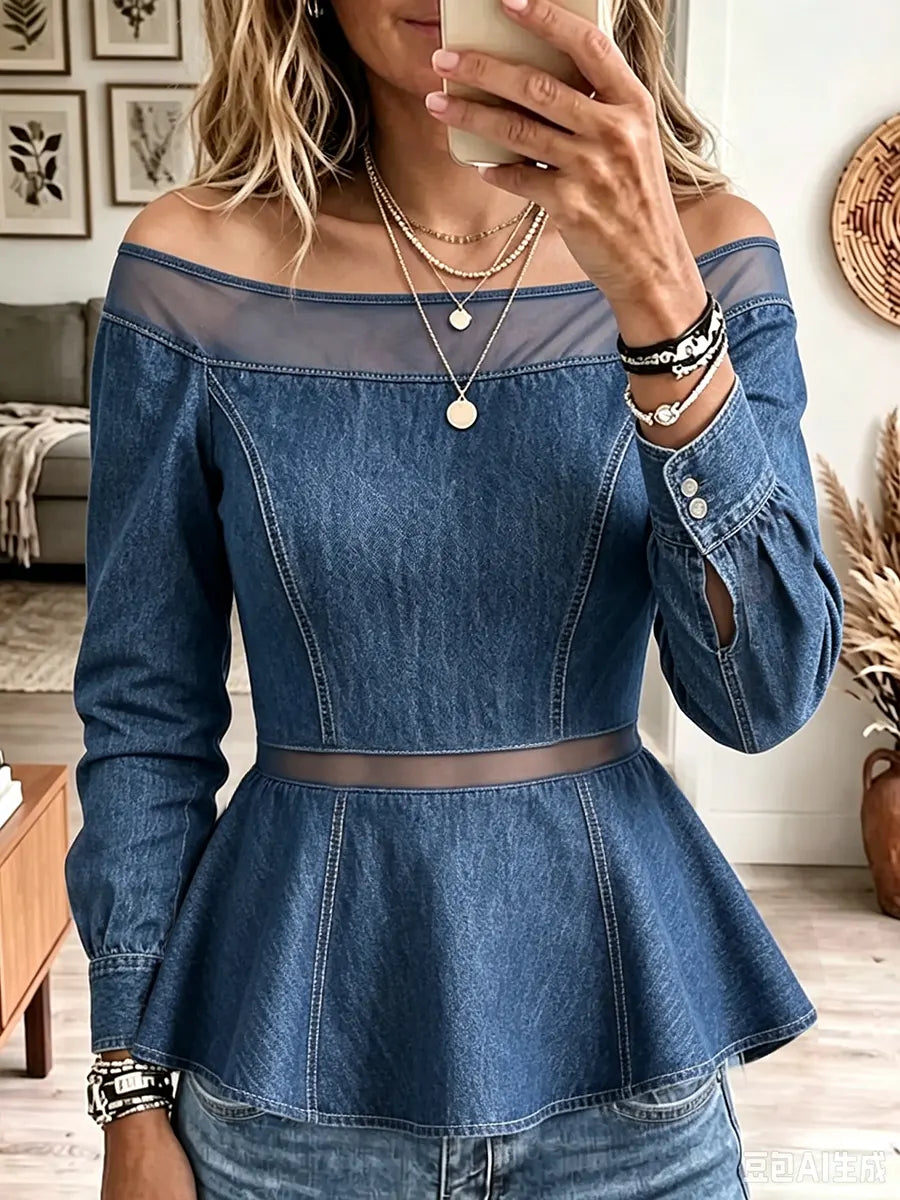 Vintage Elegant Denim Patchwork Sheer Mesh Shirt