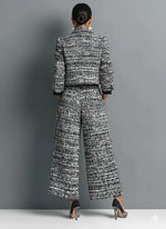 Women Tweed 2 Piece Outfit Collar Cropped Jacket & High Waist Wide Leg Pants Suit Set