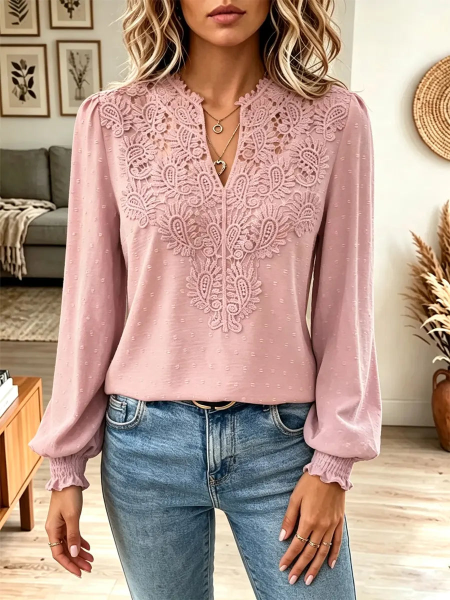 Retro Floral Lace Art Casual Stylish V Collar Long Sleeve Shirt