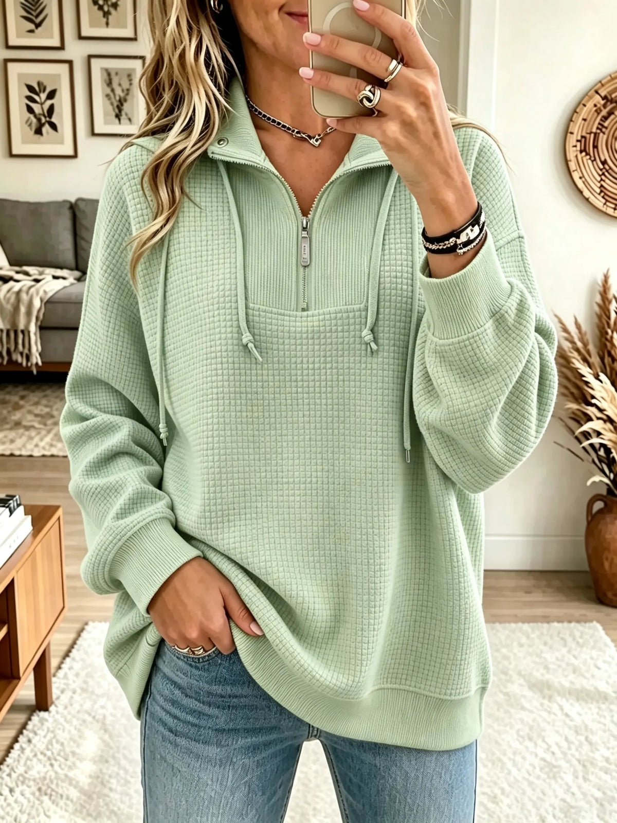 Women's Half-Zip Waffle Knit Pullover Sweatshirt