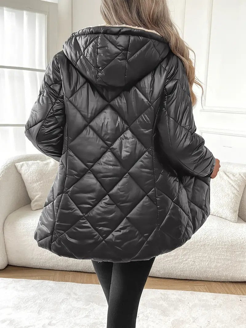 Fleece Lined Hooded Quilted Puffer Jacket Women Zip Up Winter Coat