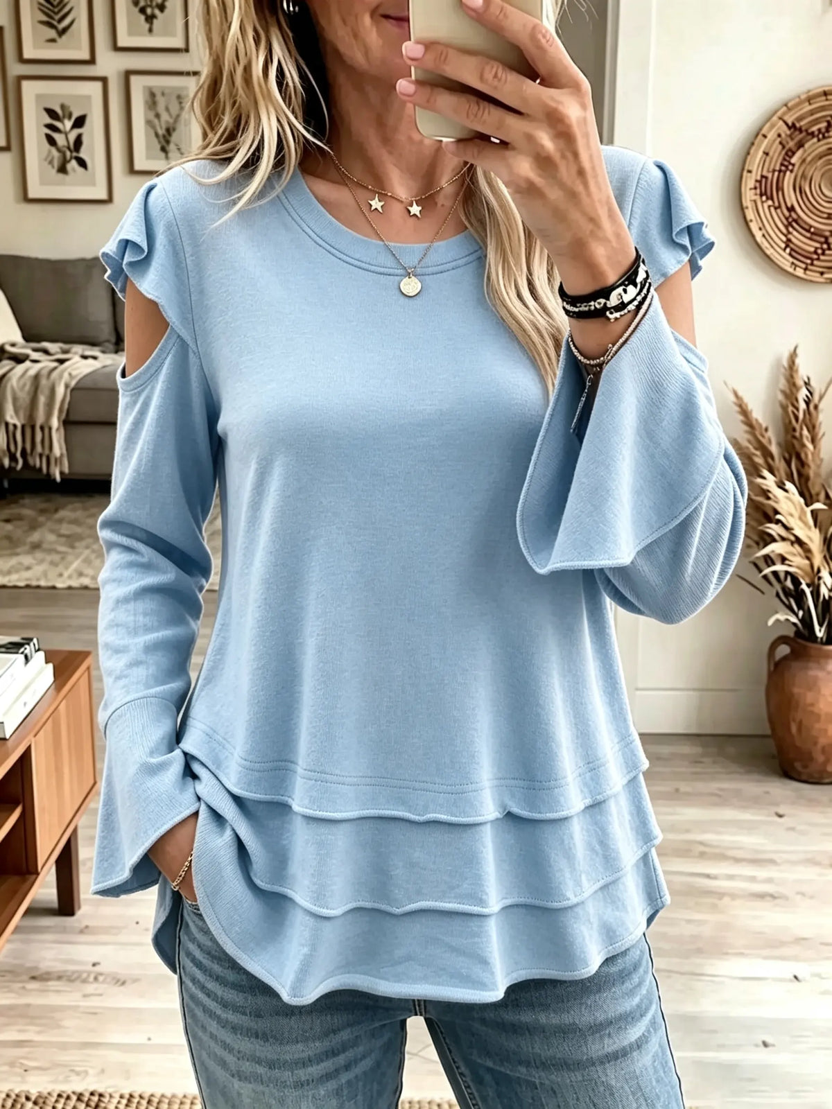 Women's Cold-Shoulder Tiered Ruffle Hem Knit Top