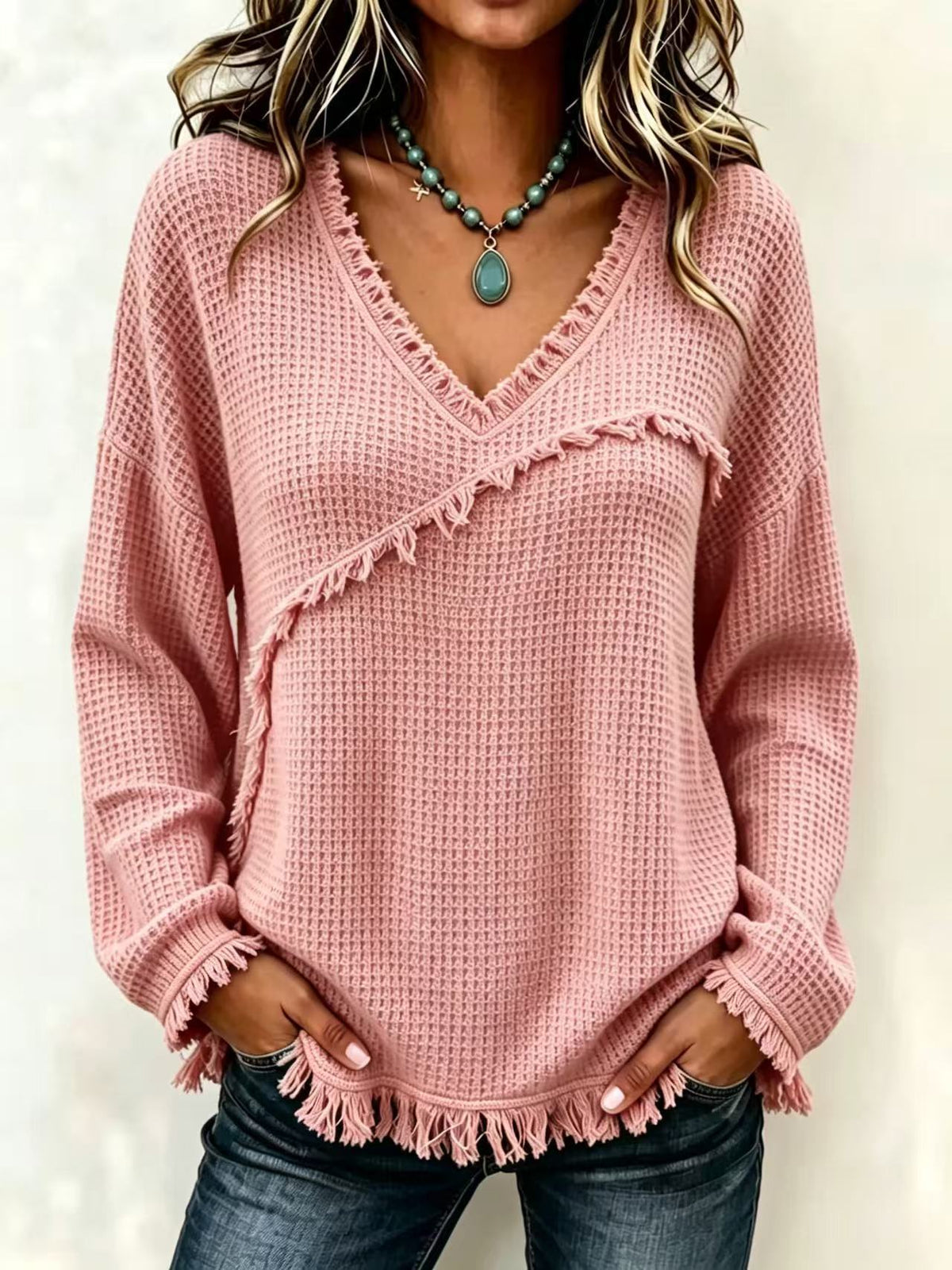 Fringe Trim Waffle Knit V‑Neck Sweater, Women Long Sleeve Loose Pullover Top