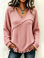 Fringe Trim Waffle Knit V‑Neck Sweater, Women Long Sleeve Loose Pullover Top
