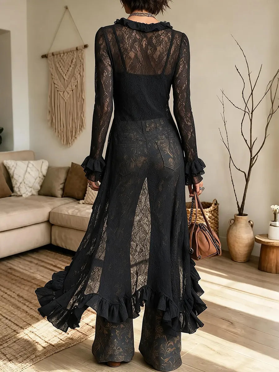 Women's Bohemian Ruffle V-neck Black Lace Long Cardigan