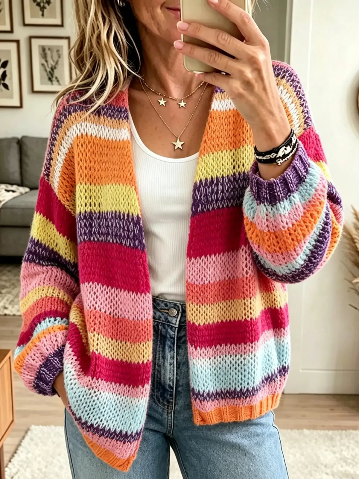 Women's Multi-Color Striped Chunky Knit Cardigan