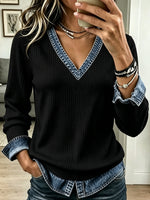 Women's Denim Trim V-Neck Ribbed Knit Sweater