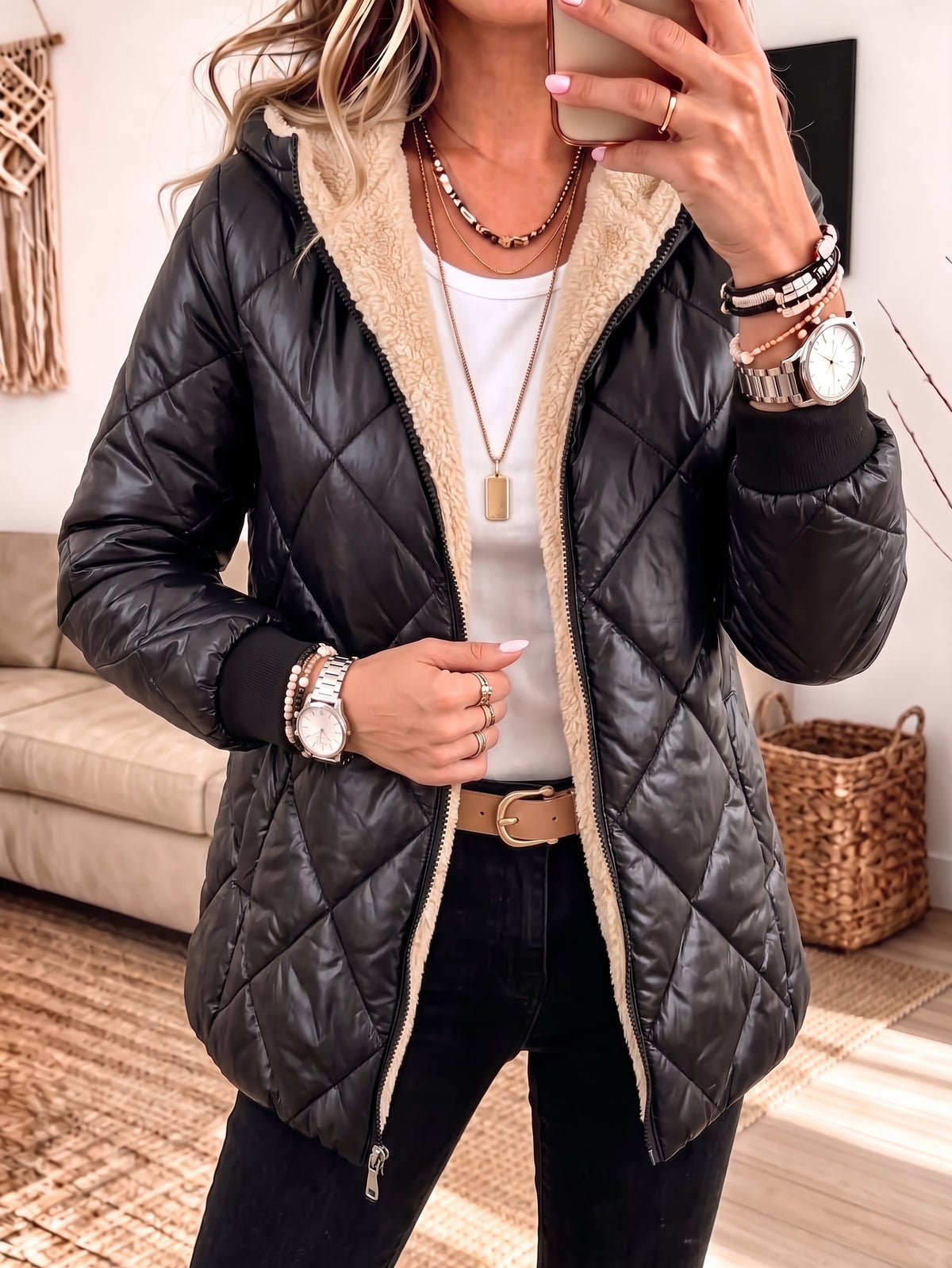 Fleece Lined Hooded Quilted Puffer Jacket Women Zip Up Winter Coat