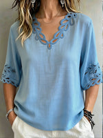Women's Lace Cutout V Neck Three Quarter Sleeve Loose Casual Blouse