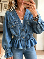 Women Rivet Decor Peplum Denim Jacket V‑Neck Elastic Waist Long Sleeve Button Coat