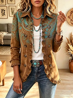 Retro Western Floral Pattern Art Print Ruffle Casual Stylish Button Lapel Coat