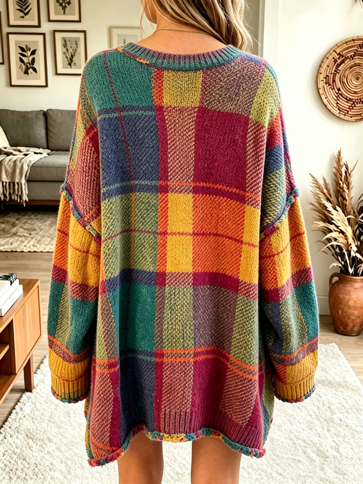 Women's Oversized Plaid V-Neck Knit Sweater