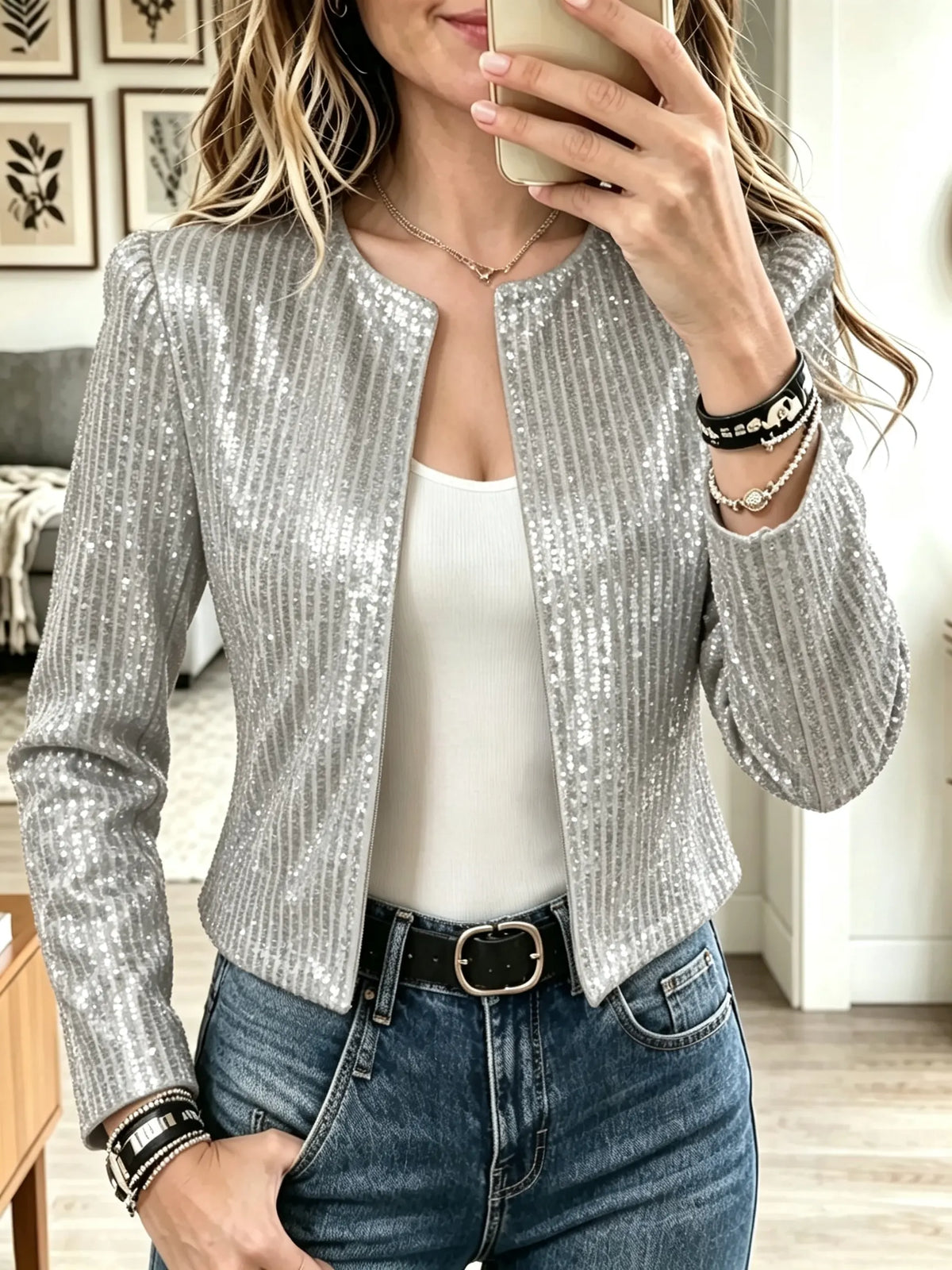 Women's Sequin Open-Front Cropped Blazer Jacket
