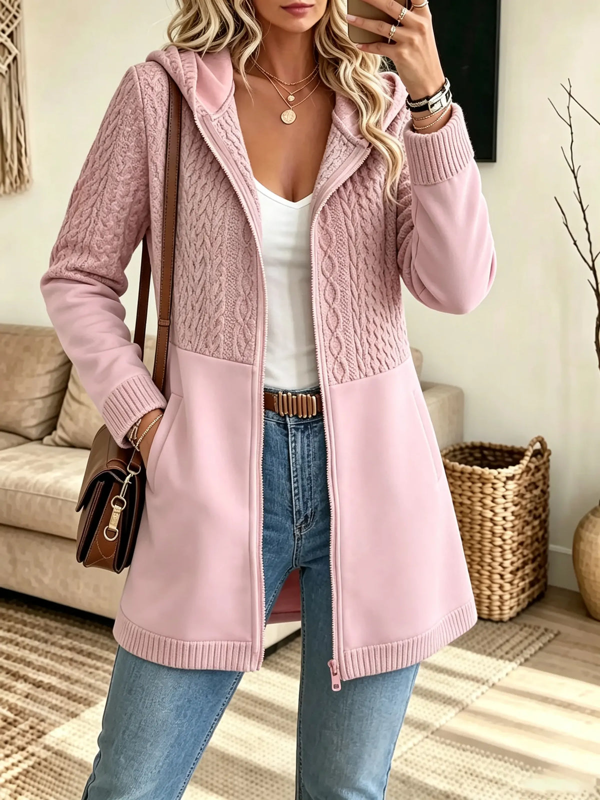 Women's Cable Knit Panel Zip-Up Hooded Coat