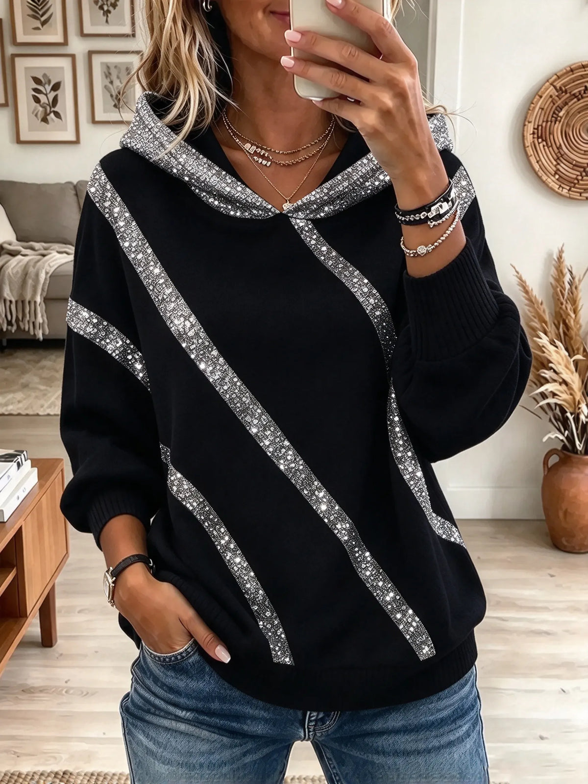 Women's Sequin Stripe Drop-Shoulder Hooded Sweatshirt