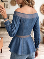 Vintage Elegant Denim Patchwork Sheer Mesh Shirt
