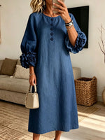 Women Half Button Lantern Sleeve Loose 3d Floral Cuff Linen Blend Midi Dress