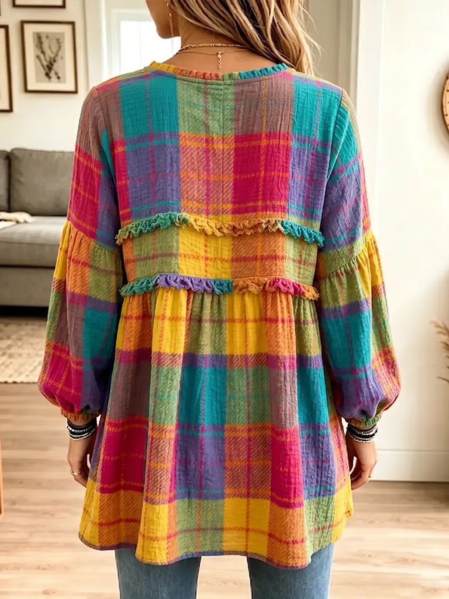 Women's Vintage Elegant Textured Crinkle Ruffle Babydoll Tunic Plaid Blouse