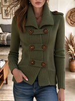 Women's Olive Green Military Style Knit Cardigan with Wooden Toggle Buttons