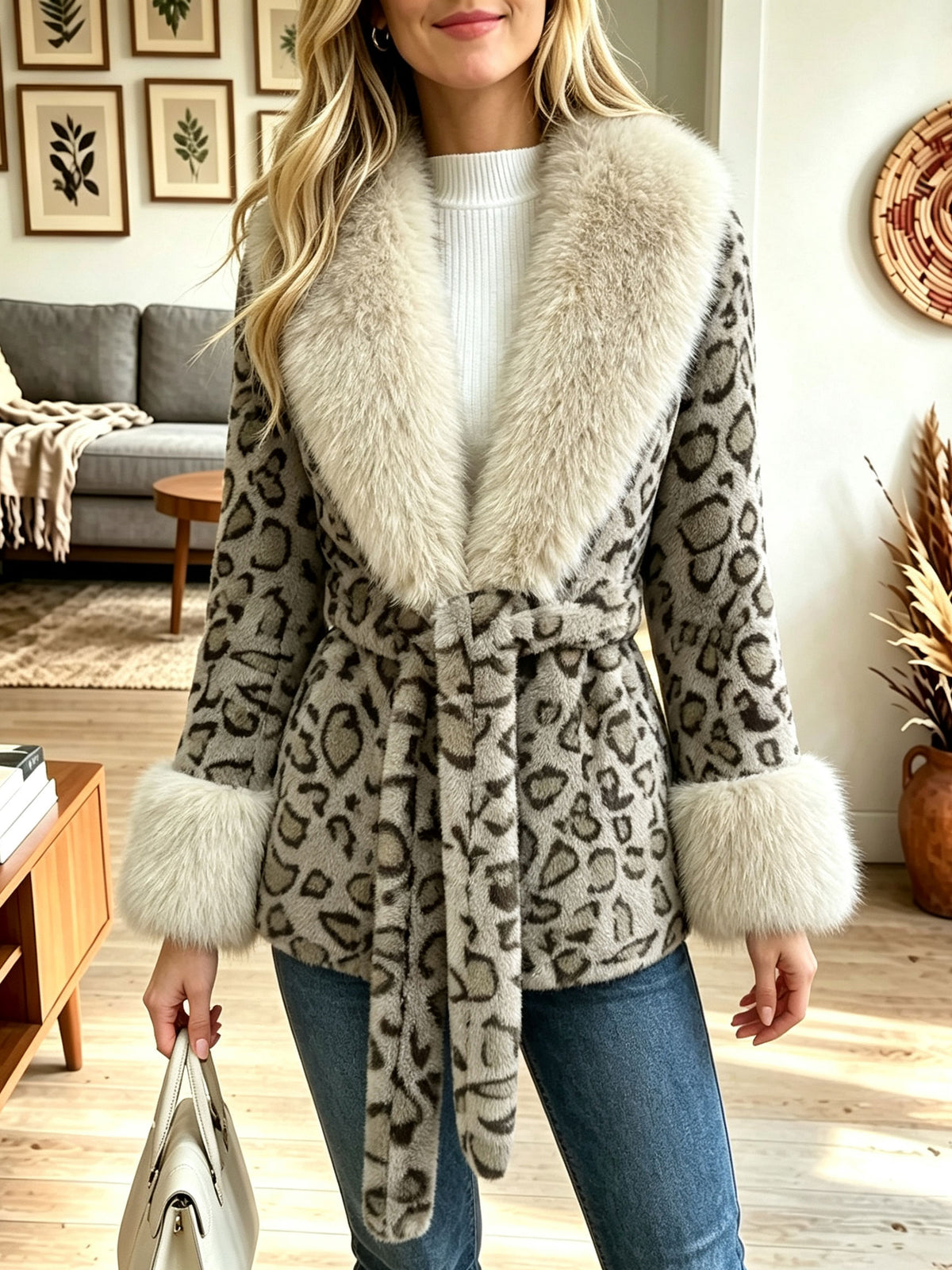 Leopard Print Faux Fur Collar Belted Coat, Women Waist‑Tie Winter Jacket