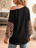 Vintage Elegant Leopard Print Patchwork Waffle Off-shoulder Shirt
