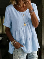 Women's Round Neck Cotton Linen Solid Color Loose Short-sleeved Shirt