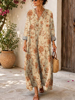 Retro Floral Pattern Art Print Casual V-neck Long Sleeve Cotton Linen Maxi Dress