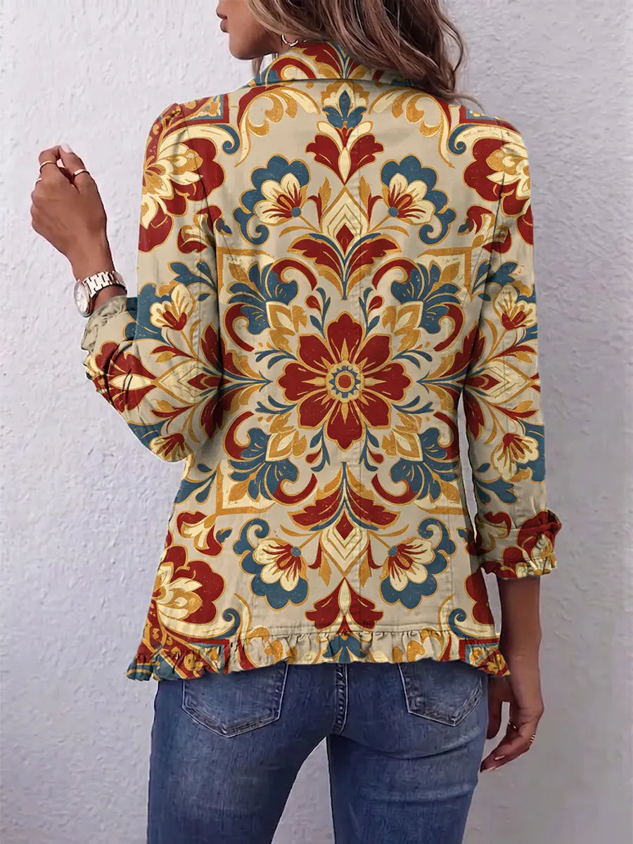 Retro Floral Pattern Art Print Ruffle Casual Stylish Cotton Lapel Coat