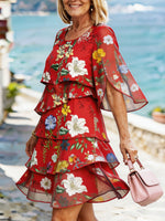 Women’s Red Floral Print Split Flare Sleeve Tiered Ruffle Chiffon Mini Dress