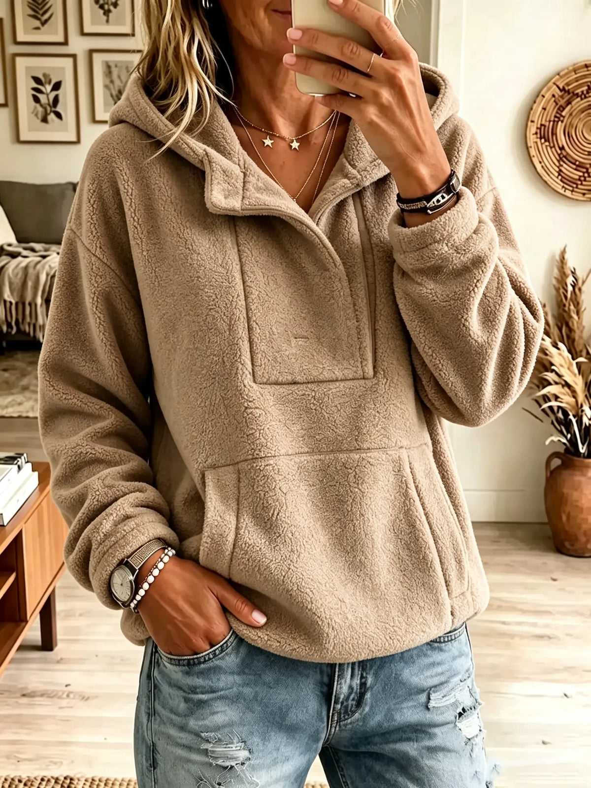 Women's Half-Zip Kangaroo Pocket Teddy Fleece Hoodie