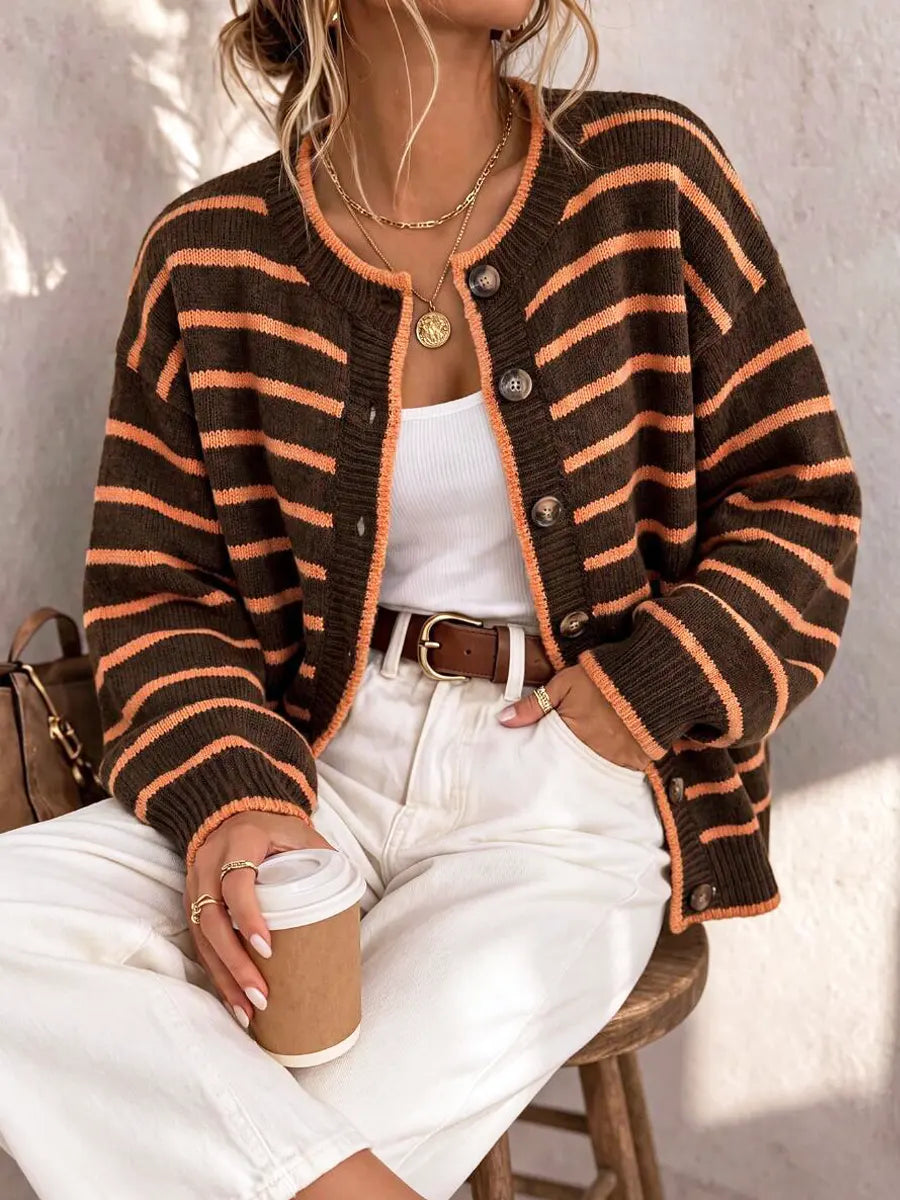 Retro Stripe Art Casual Stylish Long Sleeve Knitted Cardigan Sweater