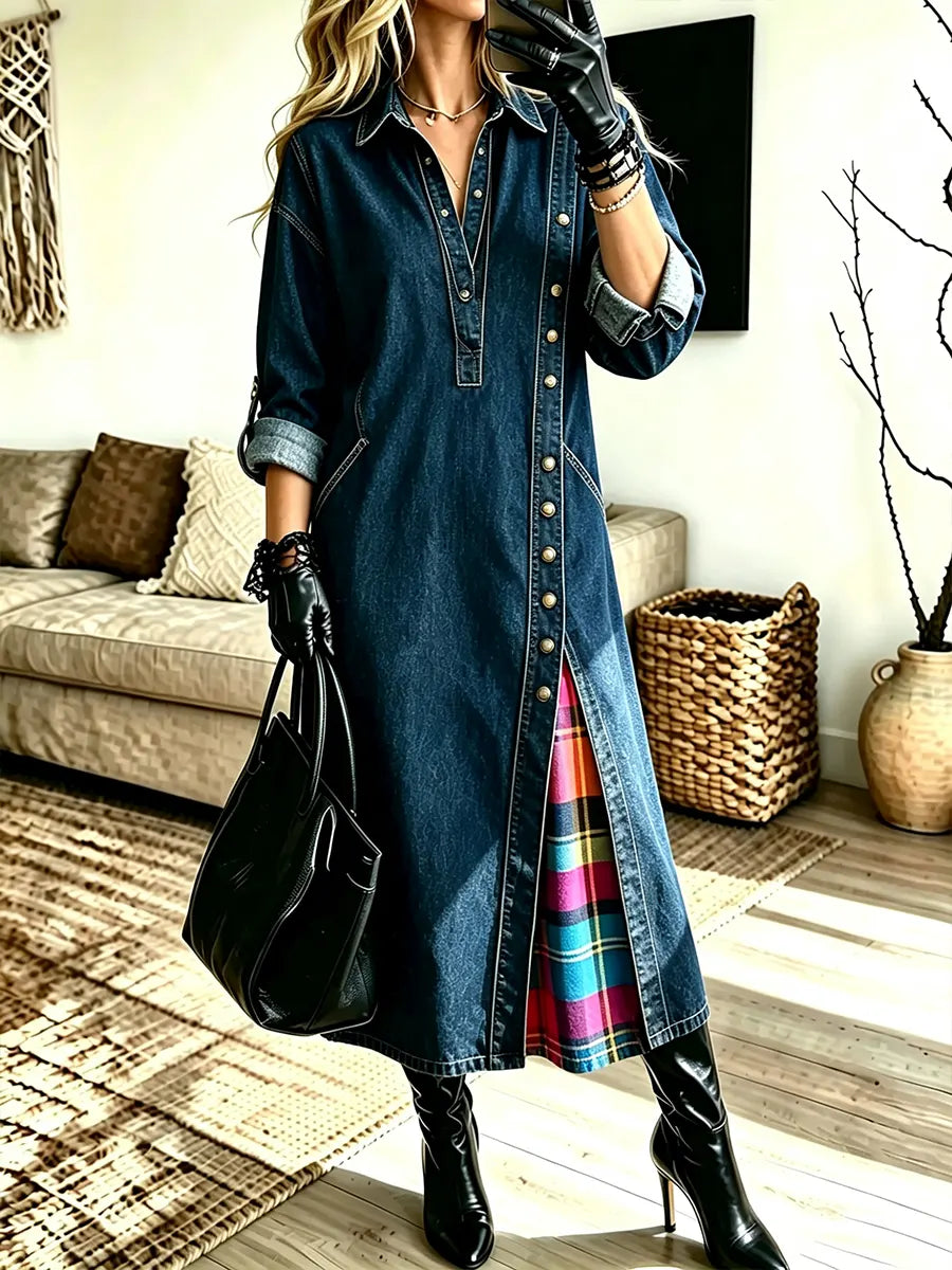 Women's Plaid Patchwork Denim Shirt Maxi Dress