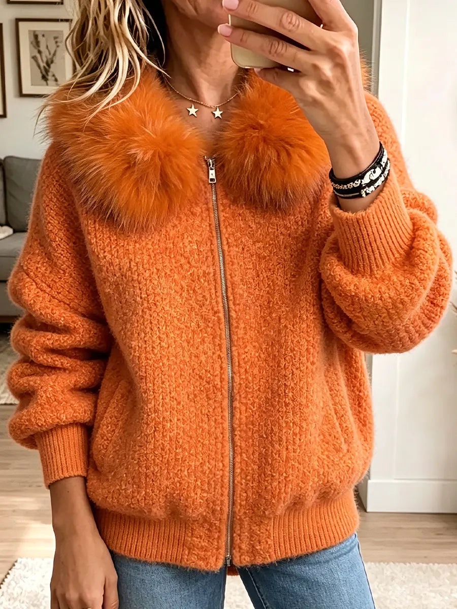 Vintage Elegant Fur-trimmed Patchwork Sweater Zip-up Coat