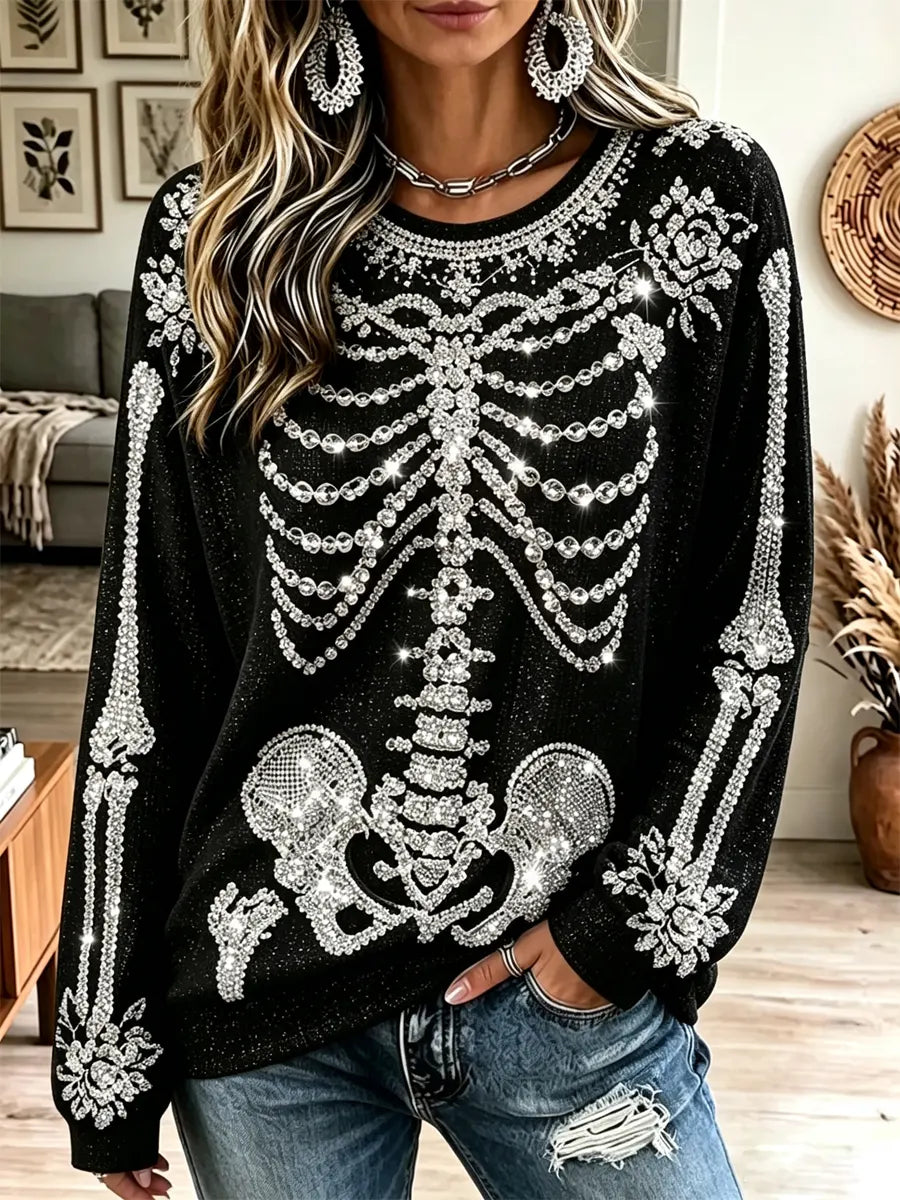 Retro Rhinestone Skeleton Pattern Art Casual Stylish Long Sleeve Top
