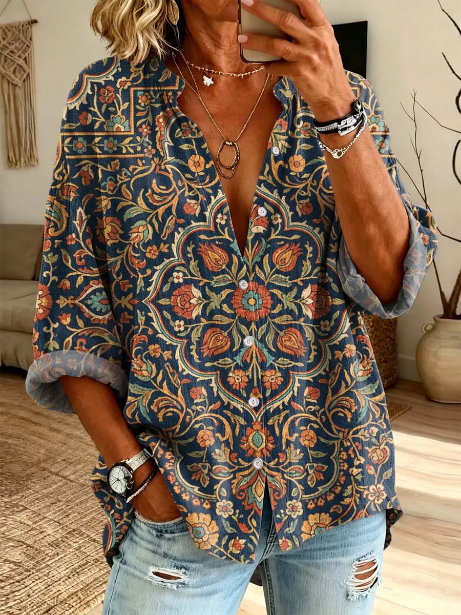 Retro Floral Pattern Art Print Casual Long Sleeve Cotton Linen Shirt