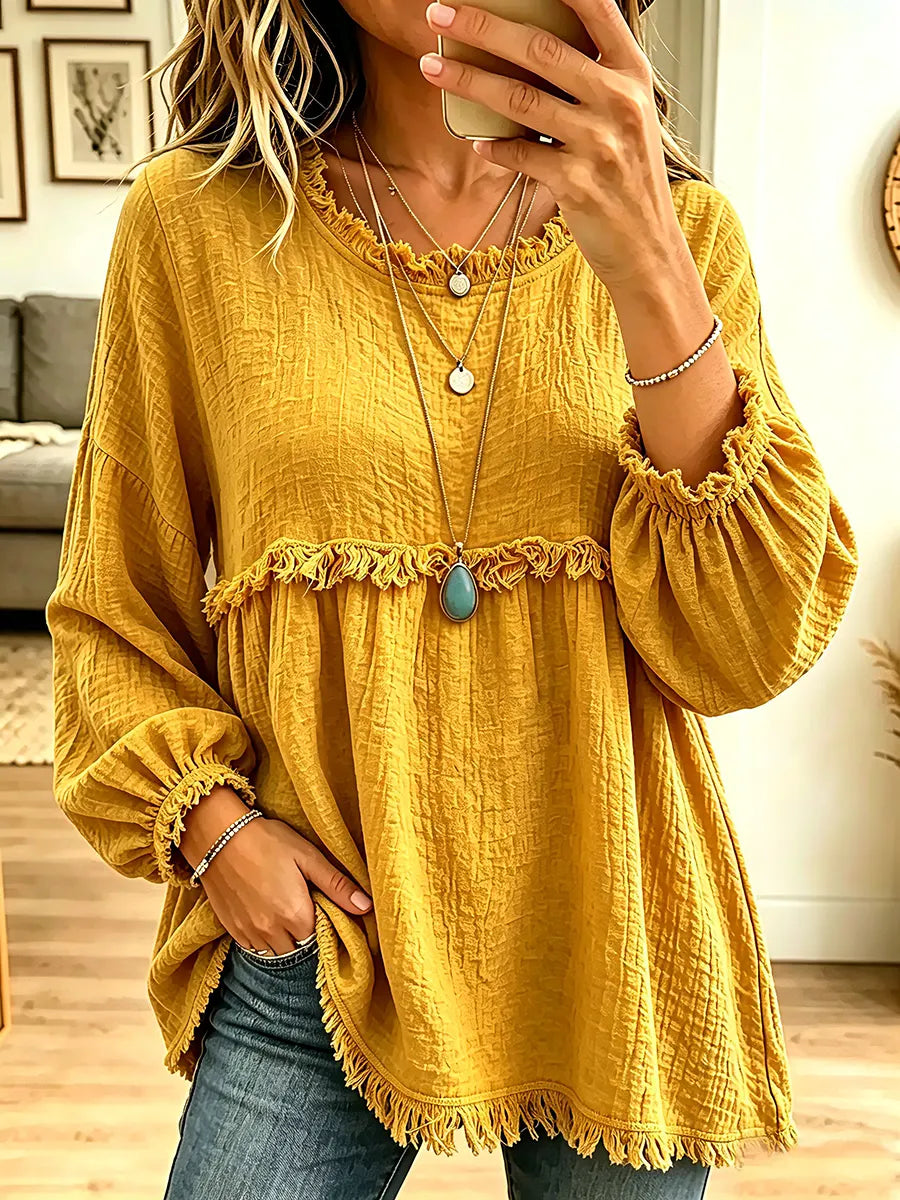Vintage Elegant Cotton And Linen Frayed Edge Patchwork Long Sleeve Shirt