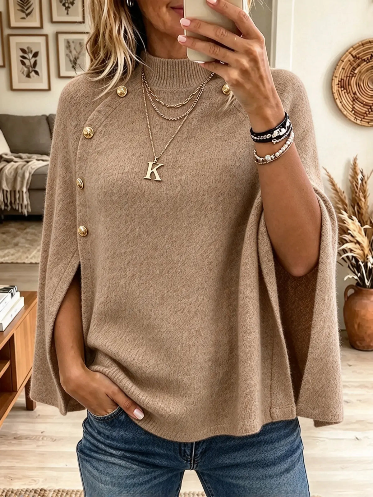 Women's Button Mock Neck Knit Cape Sweater