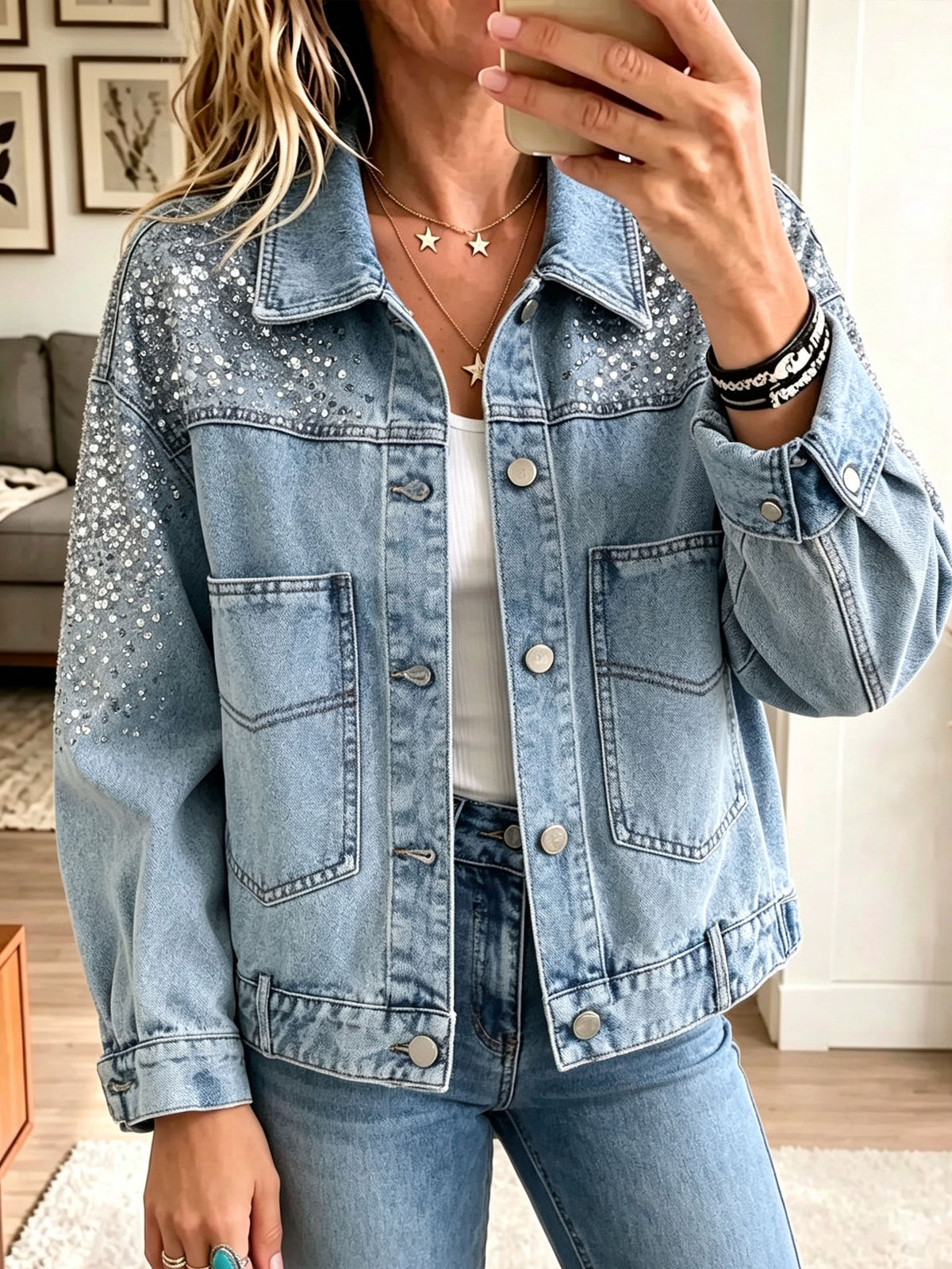 Women Sequin Patchwork Cropped Denim Jacket Lapel Button Down Long Sleeve Casual Coat