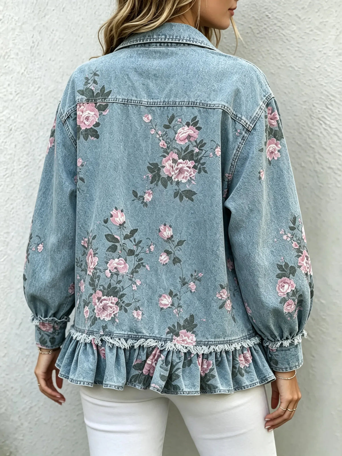 Women's Floral Print Ruffle Hem Denim Shirt