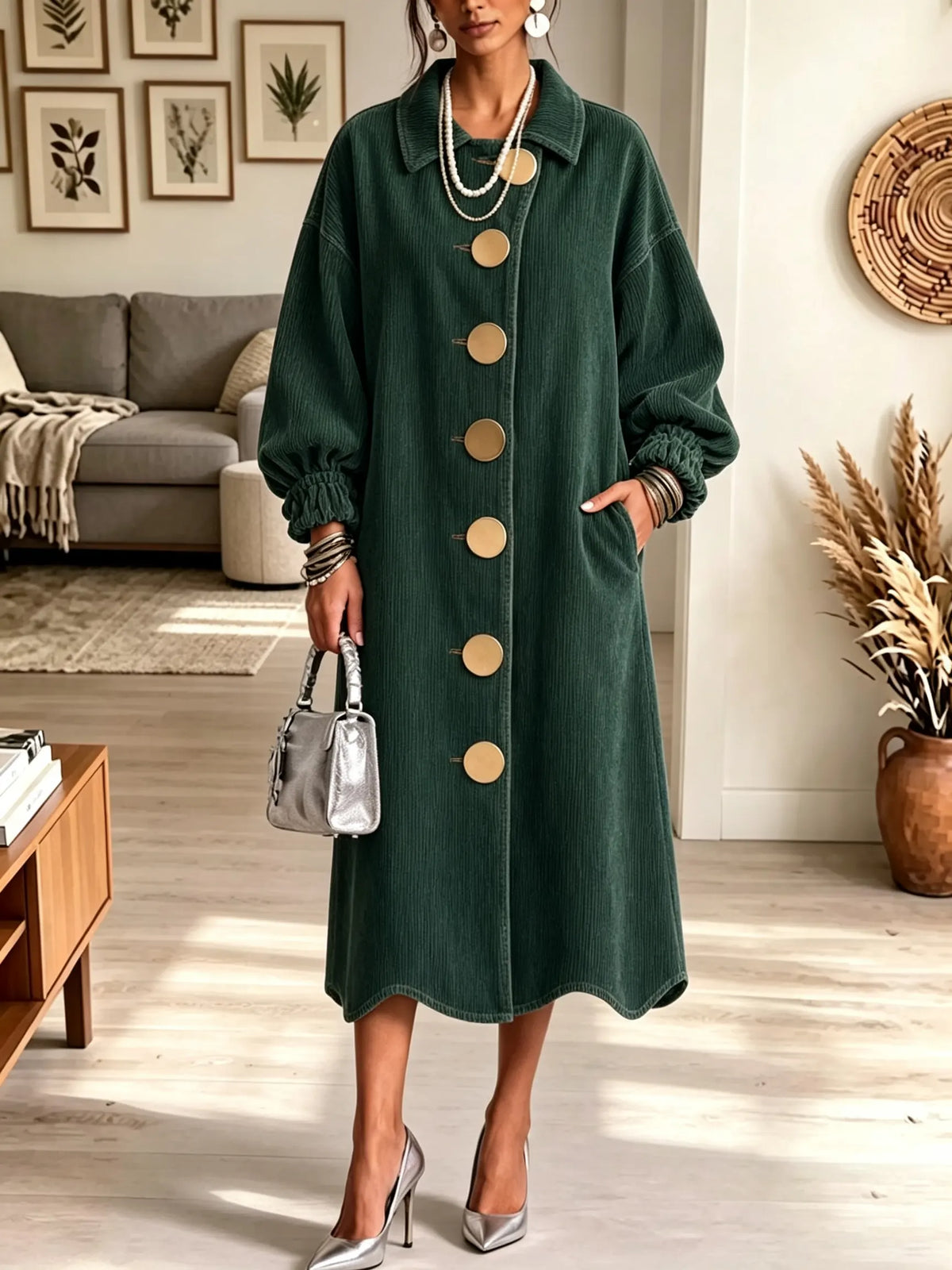 Women's Oversized Gold Button Long Denim Coat Dress